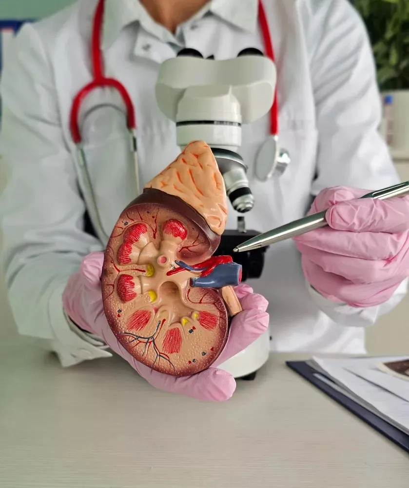 Urologist examining an anatomical kidney model